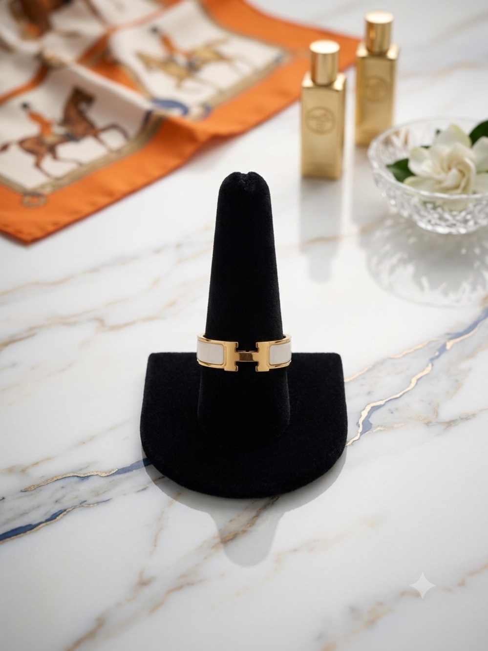 Gold-Tone H Ring with White Enamel – Size 10 – Stainless Steel